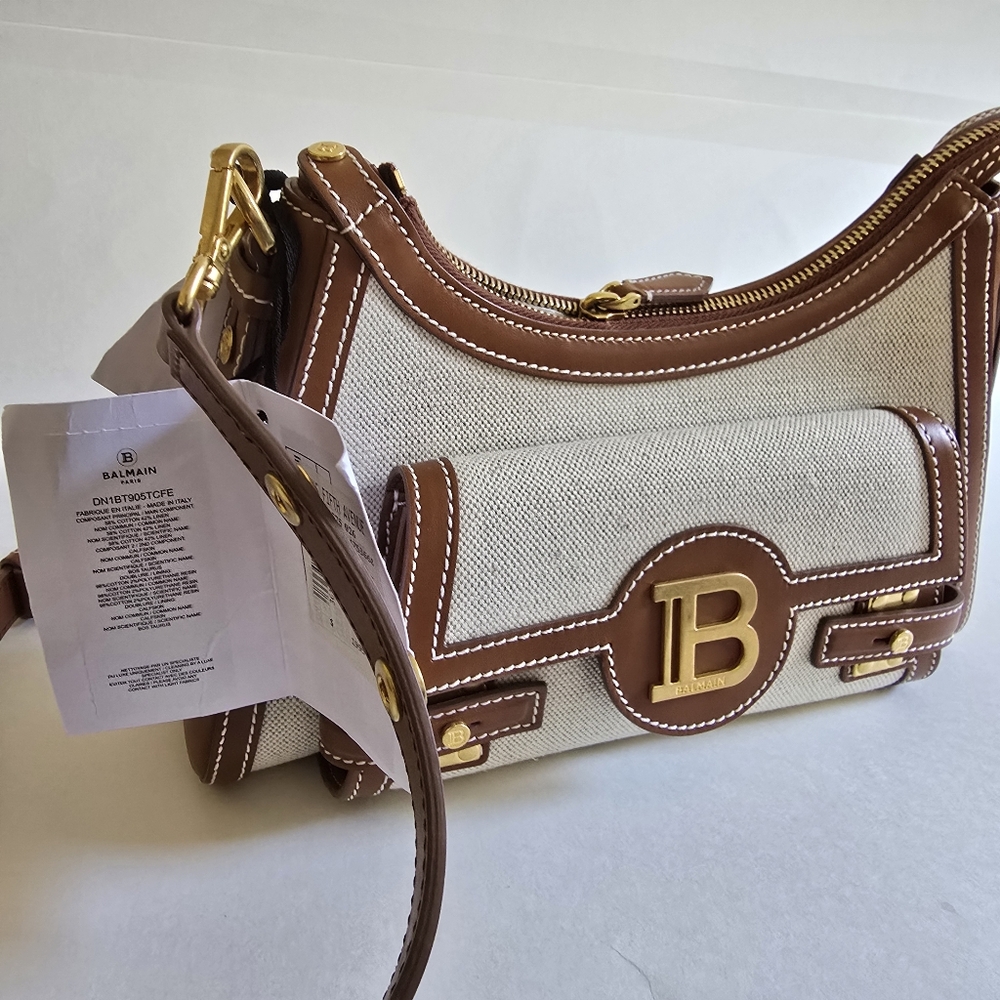 Balmain B-Buzz Canvas & Leather Shoulder Bag Natural / Camel - Picture 9 of 14